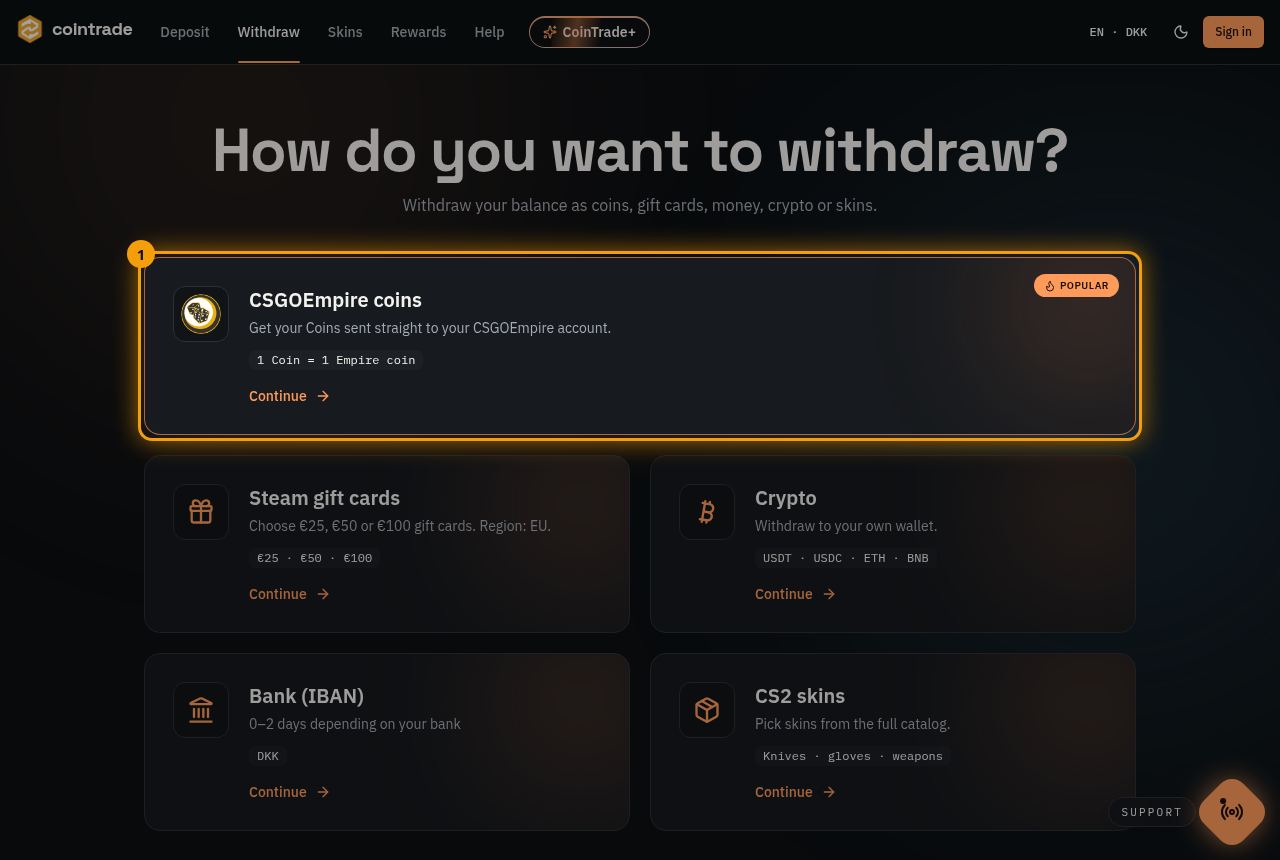 Gå til Udbetal og vælg CSGOEmpire-coins